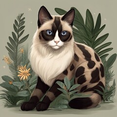 White Cat Sitting on Green Fence in Grass, Gazing with Beautiful Green Eyes