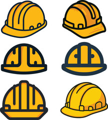 Construction worker safety hard hat helmet protect vector icon set.