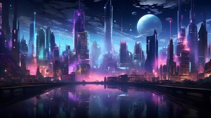 Futuristic city at night. Panoramic view of the city from the river.