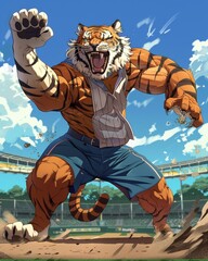 Pitcher tiger character, cartoonish, actionpacked pose, fierce and strong on a professional mound , featuring hyper-detailed