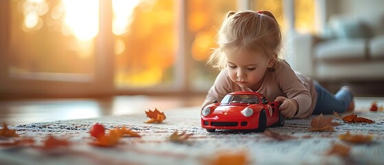Child playing with toy vehicle. Concept Child's imagination, Playful moments - obrazy, fototapety, plakaty