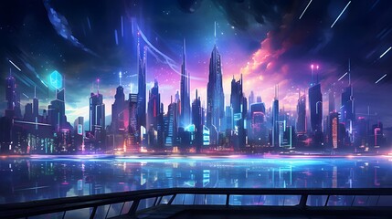 Night city panorama with illuminated skyscrapers. 3D rendering