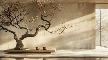 Warm neutral beige wabi sabi style interior mockup, Japanese minimalistic style, grungy wall	
