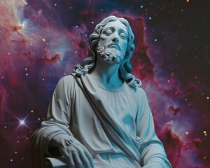 Obraz premium Create a of a serene and isolated Jesus figure against a cosmic background