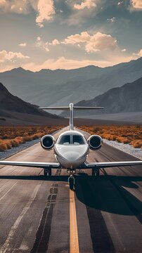Private Jet Awaiting Exclusive Adventure on Remote Airstrip Amidst Magnificent Mountain Landscape