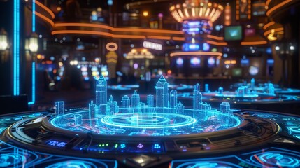 A virtual casino with holographic gaming tables, digital currency slots, and immersive betting arenas , sci-fi tone, technology
