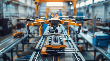 An advanced manufacturing facility with 3D printing drones, automated assembly lines, and realtime data analytics interfaces , sci-fi tone, technology