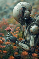 Android holding a flower on an alien planet with vibrant alien vegetation