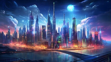 Futuristic city at night. Panorama of the city.
