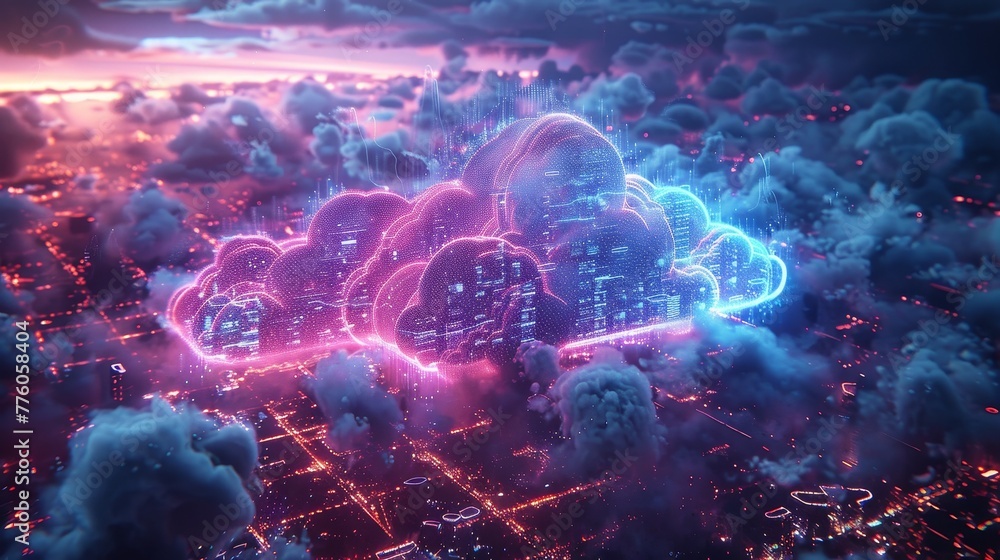 Poster Computer data synchronization. Desktop, laptop, tablet, phone network with digital cloud. Remote collaboration in internet. Remote work technology.