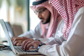 Two arabian man working in an office typing on a laptop - obrazy, fototapety, plakaty