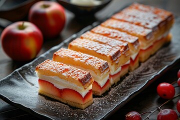 Refreshing apple dessert pieces adorned with fresh raspberry, a perfect blend of tartness and...