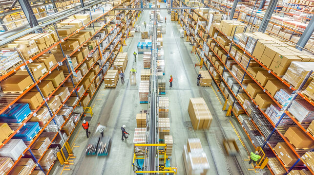 Warenlager mit gut organisierten Regalen und Stapeln von Kartons und Paletten. Mitarbeiter sind dabei, Waren zu kommissionieren, zu verpacken und f&uuml;r den Versand vorzubereiten. Gabelstapler und andere