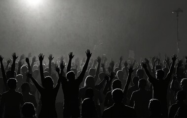 Silhouette of protesting crowd of people with raised hands and banners. Woman with loudspeaker. Peaceful protest for human rights. Demonstration, rally, strike, revolution.Isolated vector , very reali