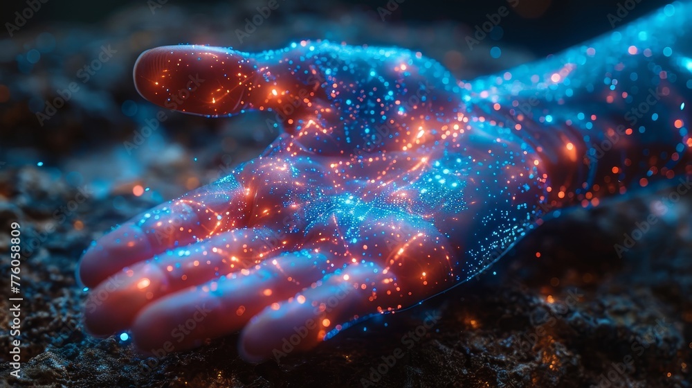 Leinwandbilder A virtual or augmented reality abstraction interface is shown in the hand of the user in a virtual reality simulation. The hand interacts with data infographics in augmented reality.