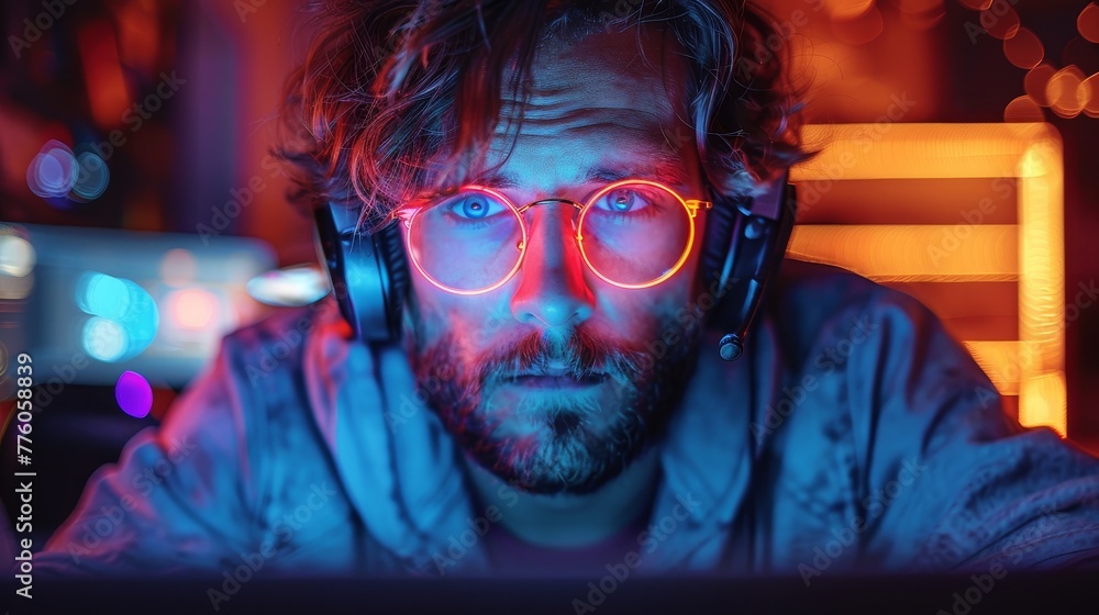 Poster an individual working on laptop in a darkened room with neon lights. computing entertainment. laptop