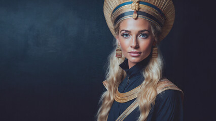 Blonde model blue eyes pharaohs clothes, portrait crown earrings and gold jewelry, dark background - obrazy, fototapety, plakaty