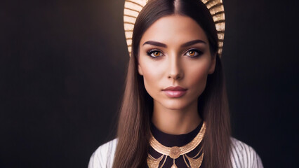 Brunettes woman model sexy eyes clothes of pharaohs, shining crown jewelry of gold, dark background, caucasian egyptian female - obrazy, fototapety, plakaty