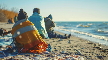 Vacationers on a chilly seaside beach, wrapped in blankets, bravely sunbathe under the weak winter sun - obrazy, fototapety, plakaty