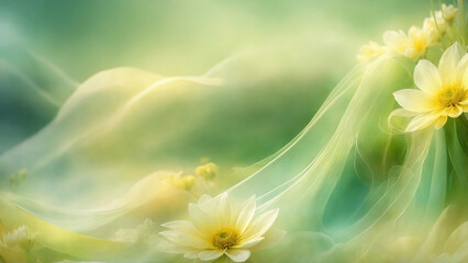 romantic green and yellow floral background with yellow daisy flowers and tender veil 