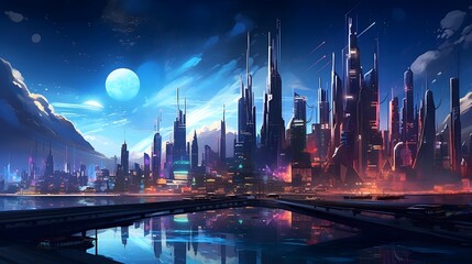 Futuristic city at night with full moon. Panorama. - obrazy, fototapety, plakaty