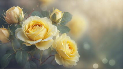 yellow romantic roses over dreamy ethereal background with copy space