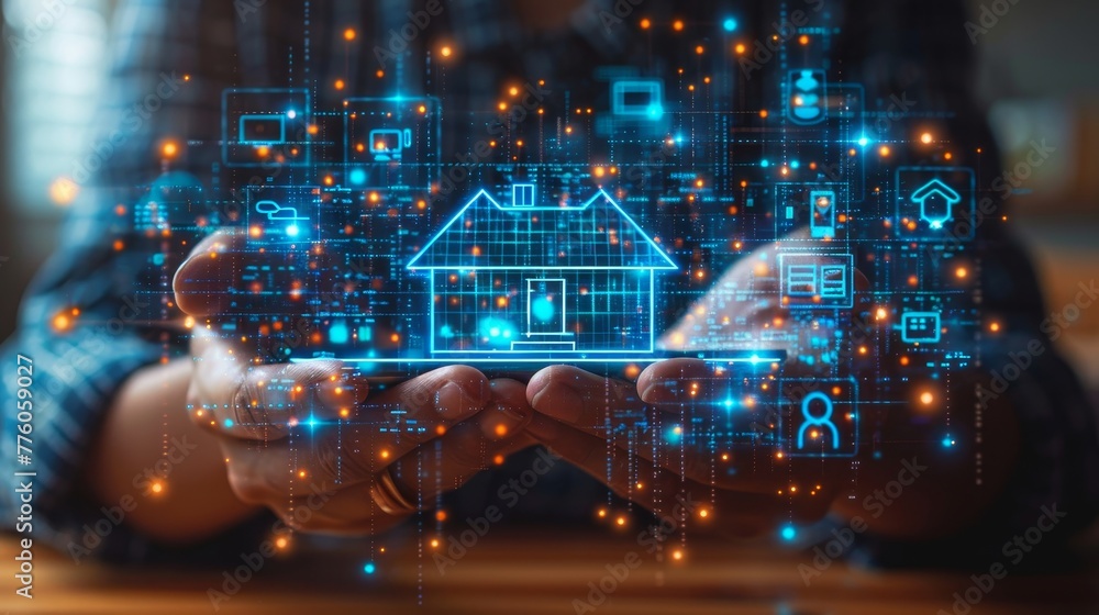 Leinwandbilder Concept image of IOT. A man holds a phone in his hand whilst controlling a smart home via the internet. Domestic devices icons on the screen of the phone as he controls the smart home through the