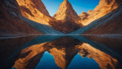 Sharp mountain peaks bathed in the warm glow of sunrise reflect perfectly in the still waters below, creating a stunning symmetry and a sense of serene isolation.