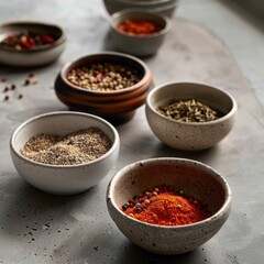 A row of bowls with various spices in them