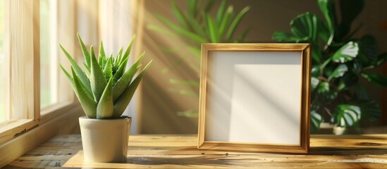 A potted plant and picture frame on a table