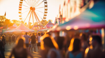 People crowd enjoying day at amusement park.