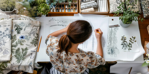 Artist drawing botanical illustrations surrounded by plants and fabrics