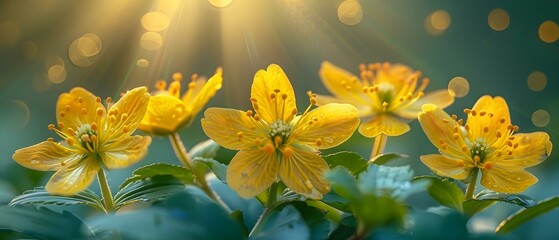 Closeup of St Johns Wort flowers with sunlight shining through creating a beautiful and vibrant display. Concept Closeup Photography, St Johns Wort Flowers, Sunlight, Vibrant Display - obrazy, fototapety, plakaty