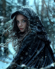 Mujer joven con capucha en un ambiente de nieve y fantasía