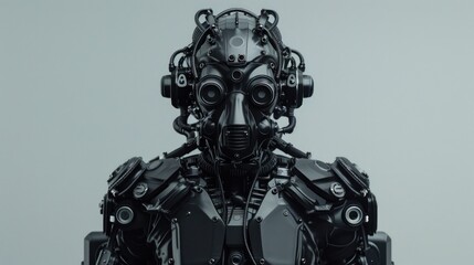 Artistic portrayal of a sleek black mecha robot donning a gas mask and complete body armor, projecting an imposing and futuristic presence.
 - obrazy, fototapety, plakaty