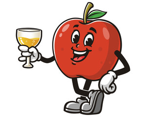 Apple holding a glass of drink cartoon mascot illustration character vector clip art hand drawn