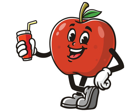 Apple holding soft drink cartoon mascot illustration character vector clip art hand drawn