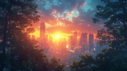 The smart city of the future from the forest. The skyscrapers made of glass in the morning rays and in the evening light. Cute futuristic urban landscape with clear skies. - obrazy, fototapety, plakaty