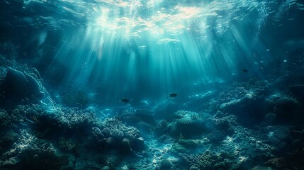 Ethereal underwater scene capturing the essence of the Challenger Deep, ideal for concept art and fantasy-themed designs. - obrazy, fototapety, plakaty