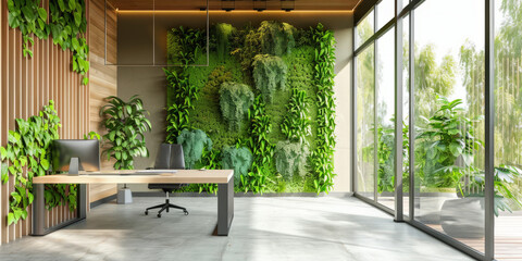Modern office with a green living wall and natural light