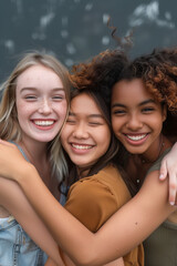 Three young women of different races and nationalities hug each other, they all smile happily. A portrait photo for a magazine cover with light background, studio lighting, closeup faces of the women