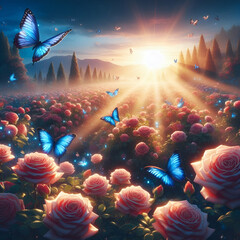 blue buterflies around flowers - obrazy, fototapety, plakaty