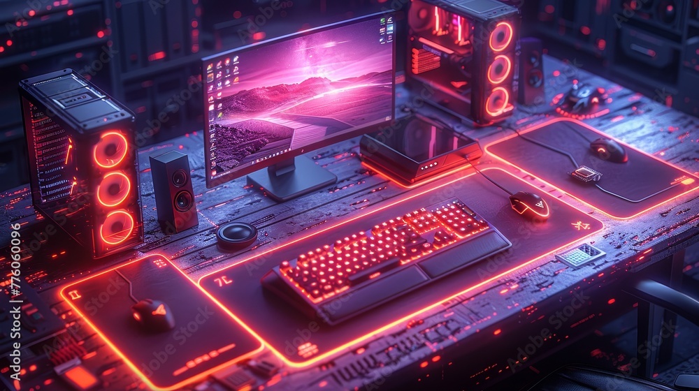 Poster the gaming pc computer glows in the dark. isometric illustration of modern computer case, monitor, k