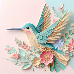 Side-angle view of a hummingbird with floral decorative elements, papercraft style, pastel colors