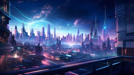 Futuristic city at night with neon lights. Futuristic city panorama