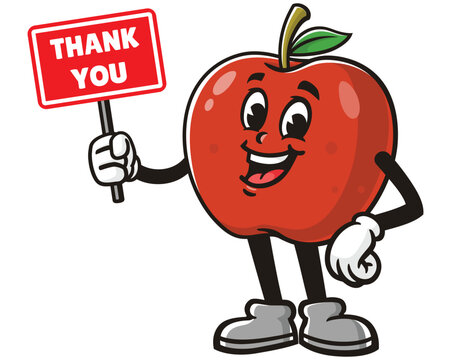 Apple holding thank you sign board cartoon mascot illustration character vector clip art hand drawn