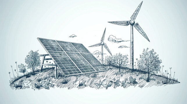 Solar panels and wind turbines or alternative sources of energy. drawn sketch. Vector illustration design.