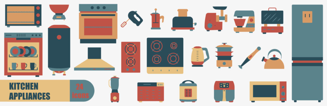 A set of colored kitchen appliances. A simple set of kitchen appliances. Vector icons.
