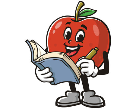 Apple with book cartoon mascot illustration character vector clip art hand drawn
