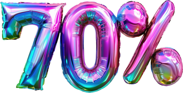 70% balloon numbers, concept of sale celebration and product promotion, element on transparent background